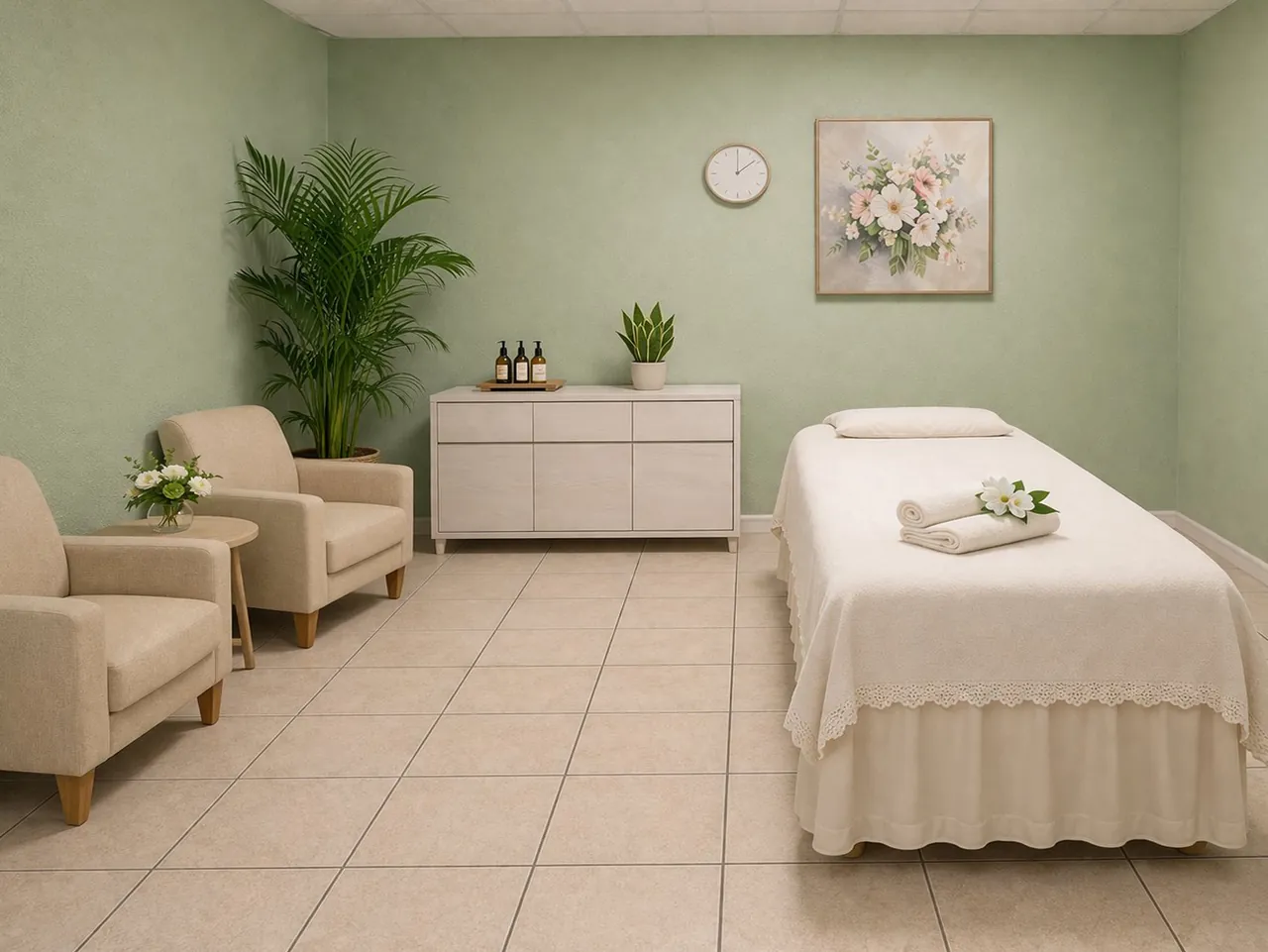 Sage-green massage room with fresh towels at Nature Massage Spa in Midway City, CA