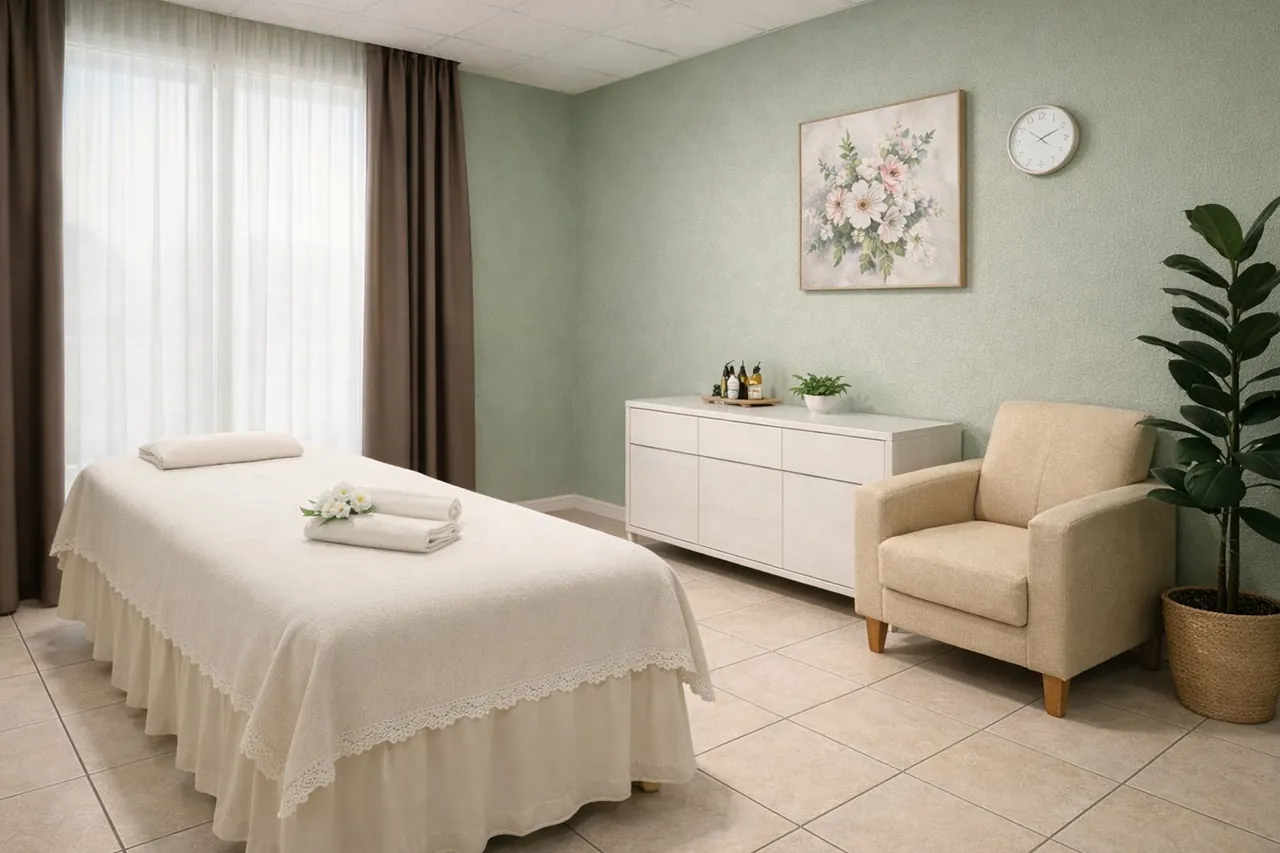 Clean massage room with fresh towels at Nature Massage Spa in Midway City, CA