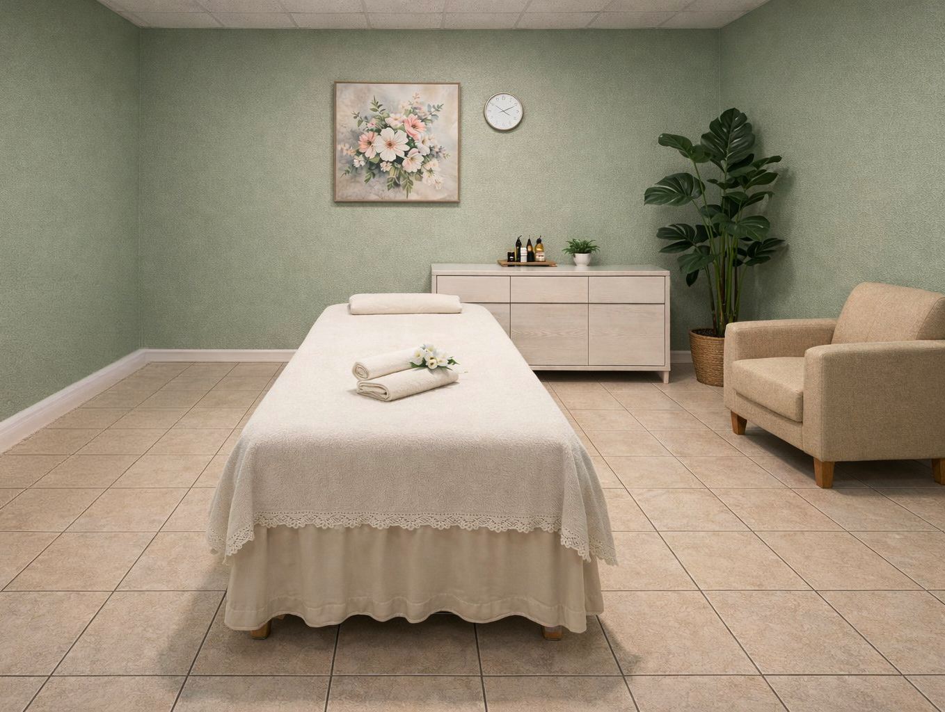 Quiet private treatment room with warm wood and floral painting at Nature Massage Spa Midway City