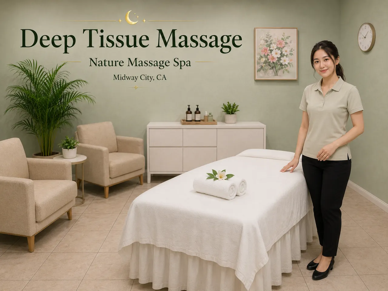 Staff member beside a table made up for a deep tissue massage at Nature Massage Spa in Midway City, CA