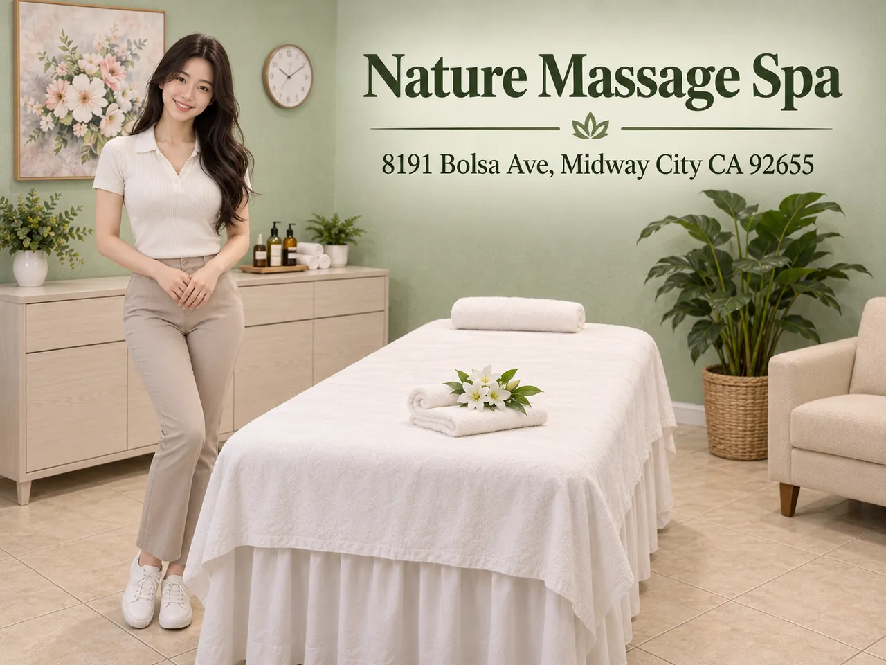 Staff member beside a table made up with fresh towels for a first-time guest at Nature Massage Spa in Midway City, CA