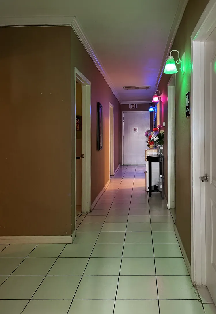 Hallway to the private rooms at Nature Massage Spa in Midway City, CA