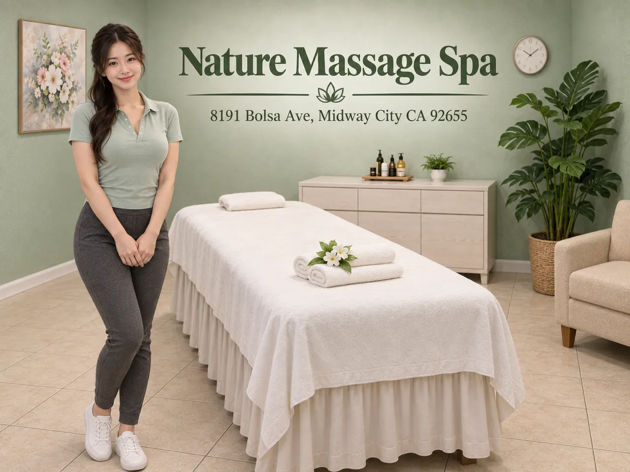 Smiling staff member beside a made-up massage table at Nature Massage Spa in Midway City, CA