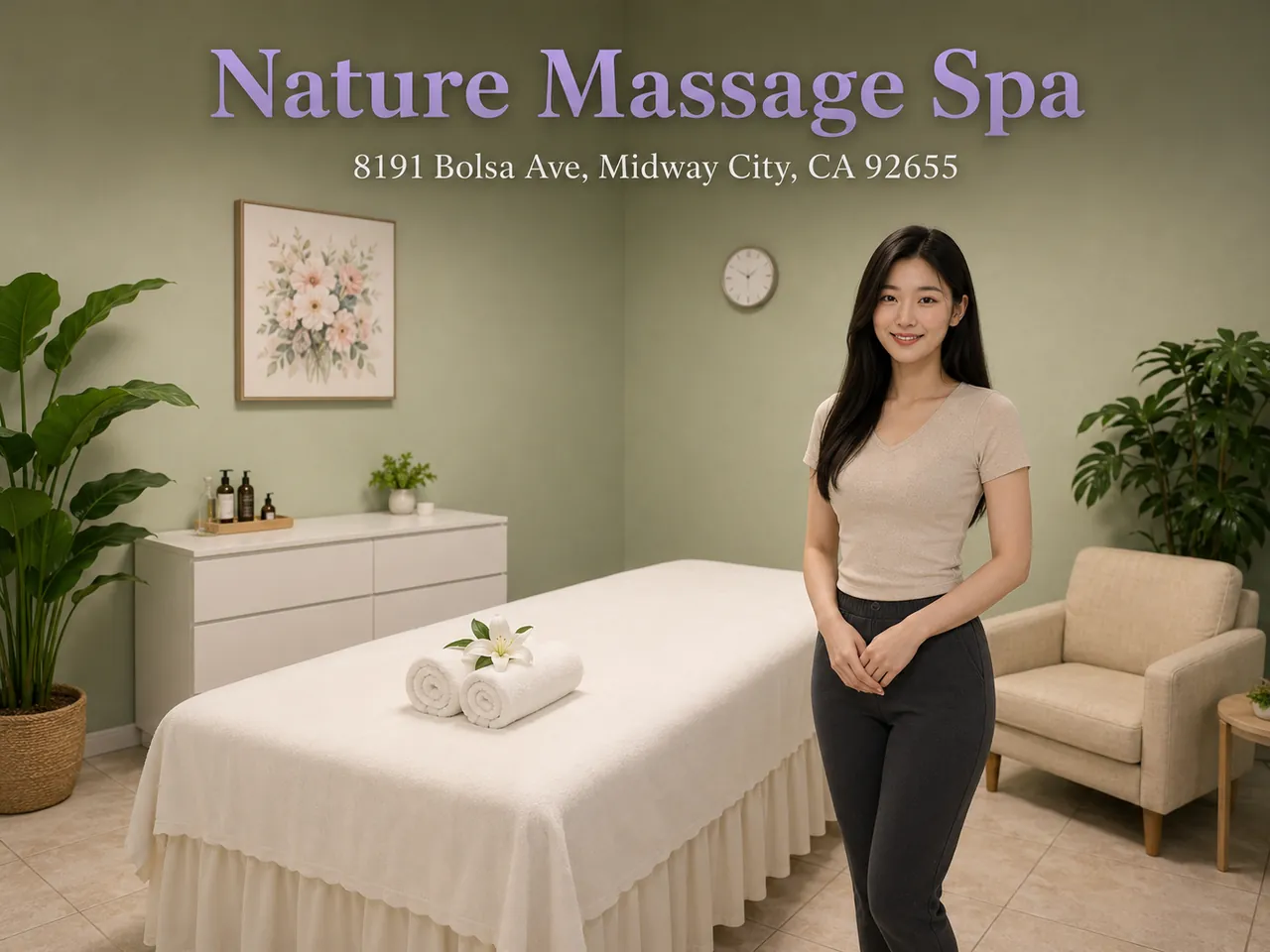 Friendly staff member beside a fresh massage table at Nature Massage Spa in Midway City, CA