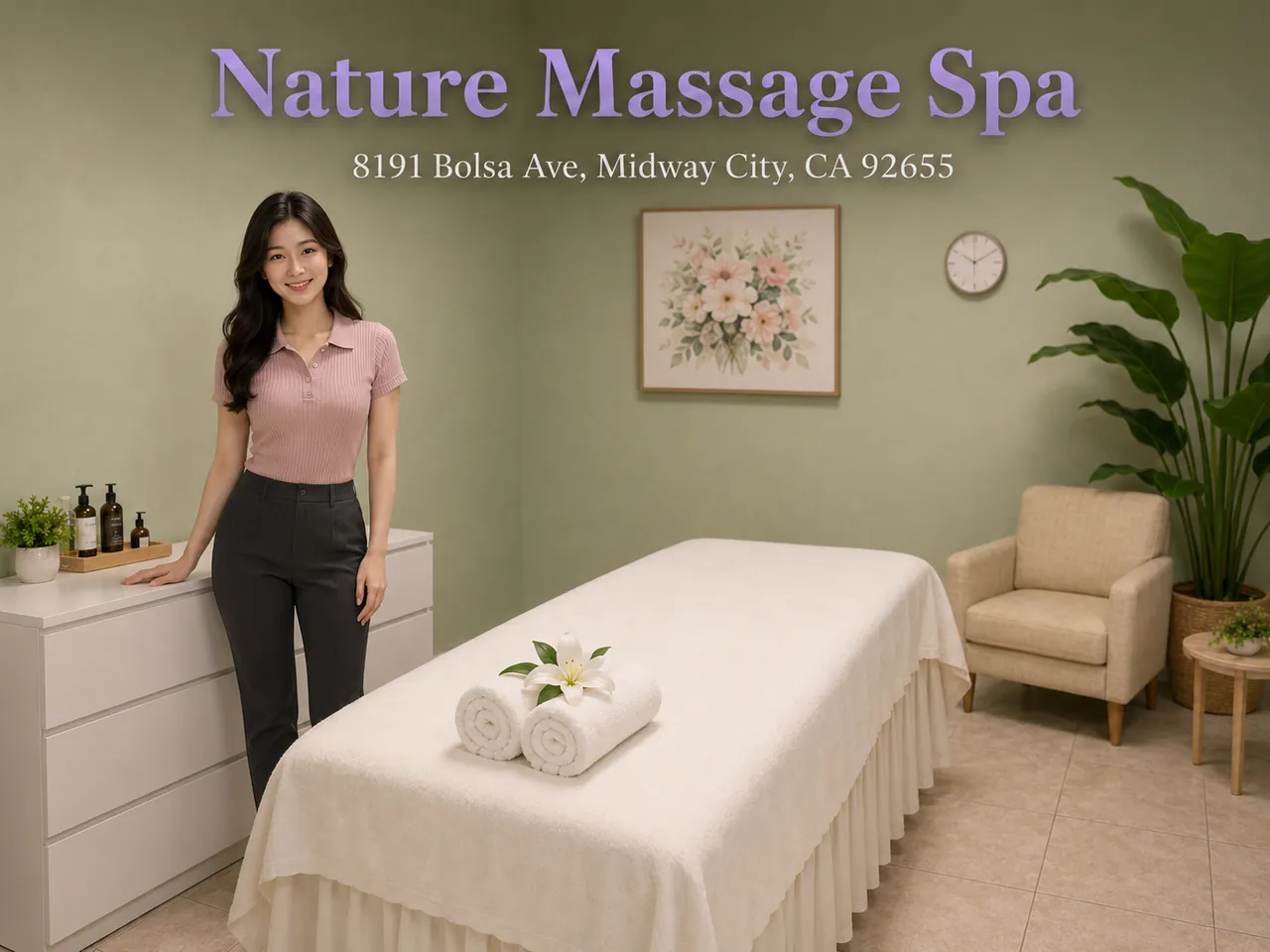Friendly staff member beside a made-up massage table at Nature Massage Spa in Midway City, CA