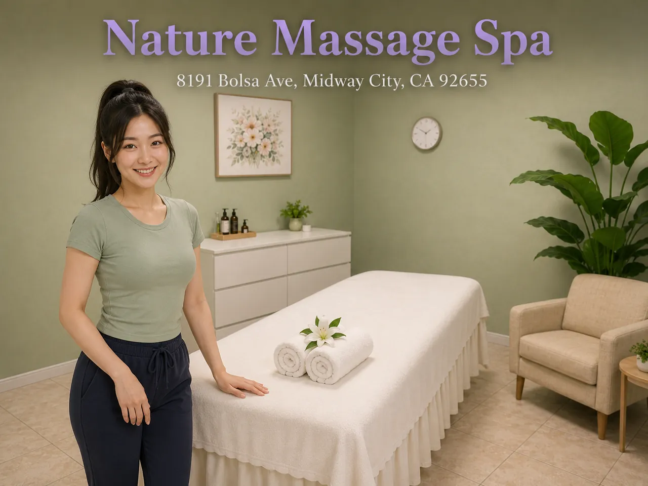 Friendly staff in a clean, private room at Nature Massage Spa near Costa Mesa, CA