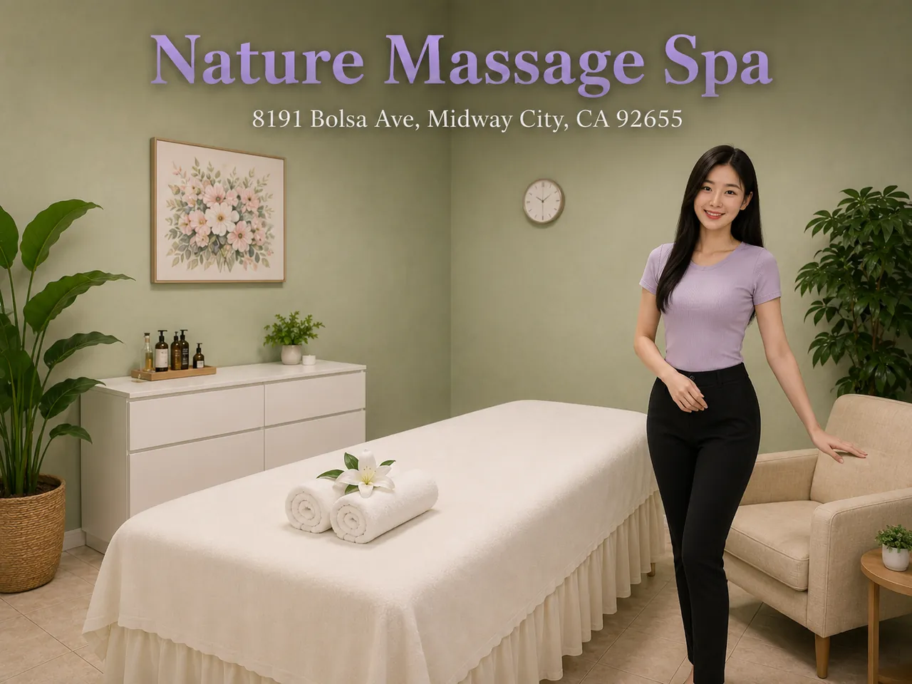Friendly staff member beside a clean massage table at Nature Massage Spa in Midway City, CA