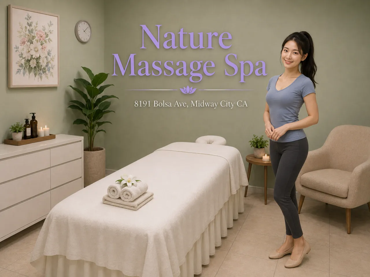 Friendly staff member in a clean private massage room at Nature Massage Spa in Midway City, CA