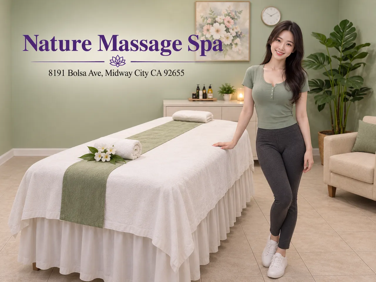 Staff member beside a clean massage table at Nature Massage Spa in Midway City, CA
