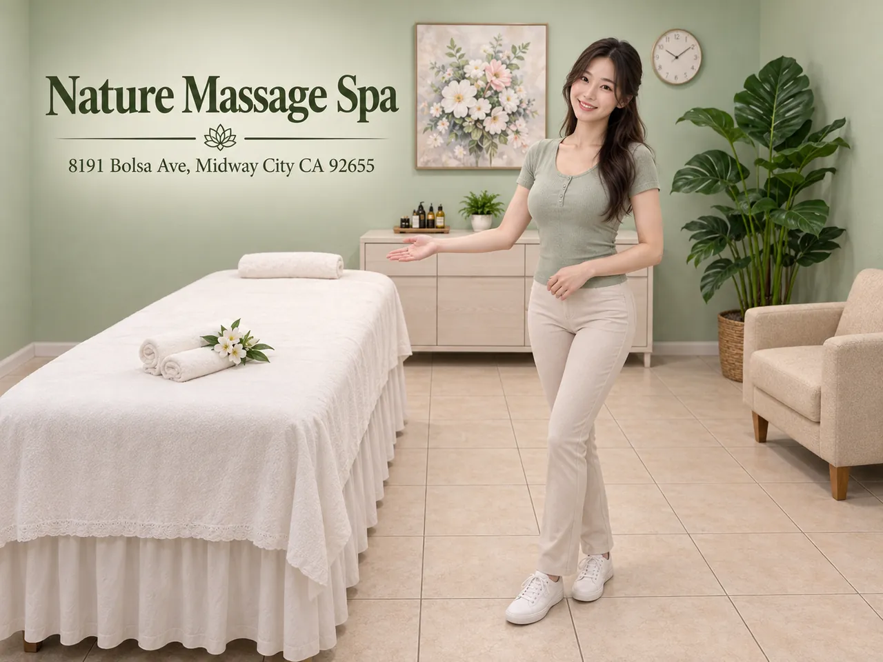 Staff member beside a fresh massage table at Nature Massage Spa in Midway City, CA