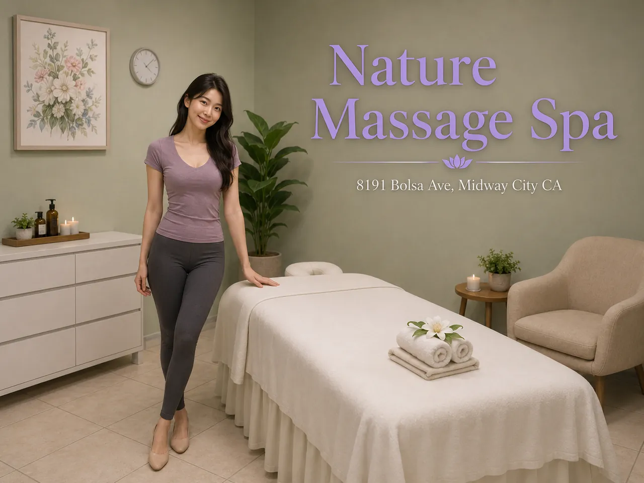 Friendly staff in a clean, private room at Nature Massage Spa near Santa Ana, CA