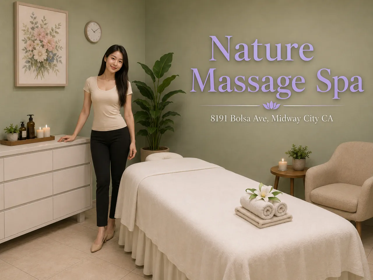Friendly staff in a clean, private room for Shiatsu Massage at Nature Massage Spa in Midway City, CA
