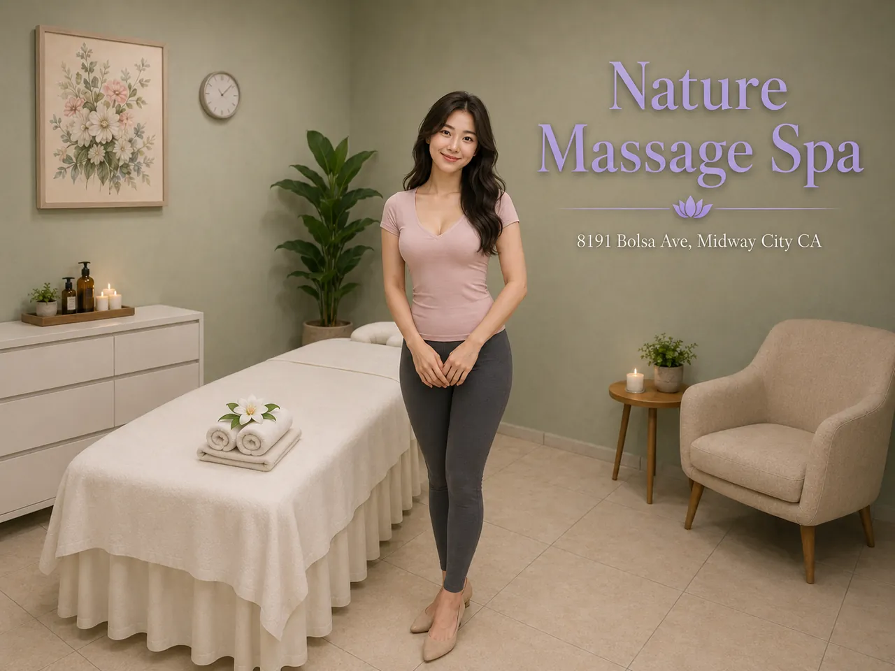 Staff member welcoming a guest into a room at Nature Massage Spa in Midway City, CA
