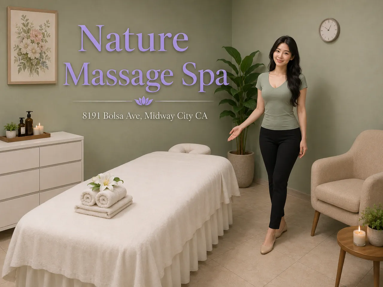 Friendly staff in a clean, private room for Trigger Point Massage at Nature Massage Spa in Midway City, CA