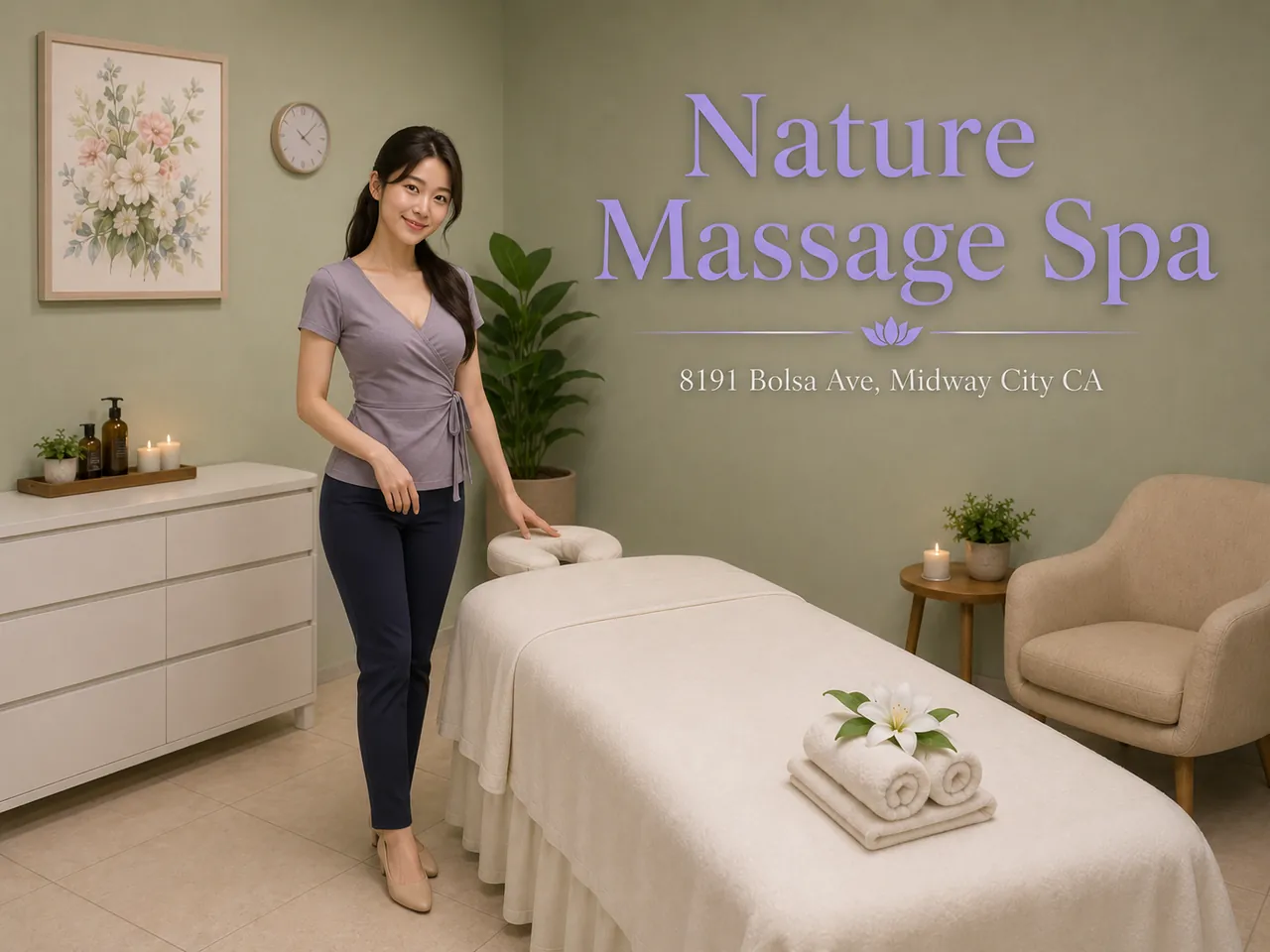 Staff member beside a fresh table at Nature Massage Spa in Midway City, CA
