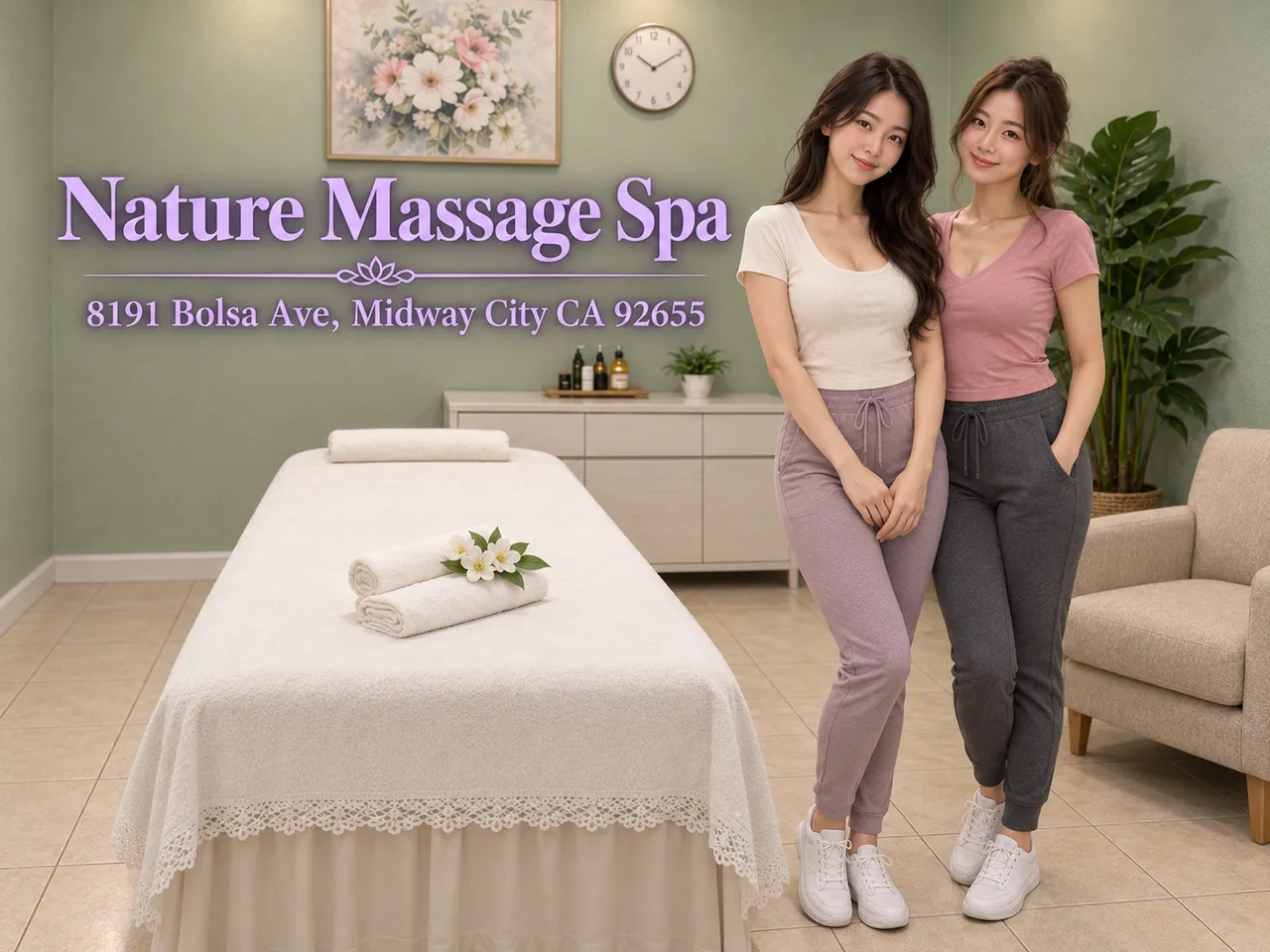 Friendly staff in a clean, private room for Shiatsu Massage at Nature Massage Spa in Midway City, CA
