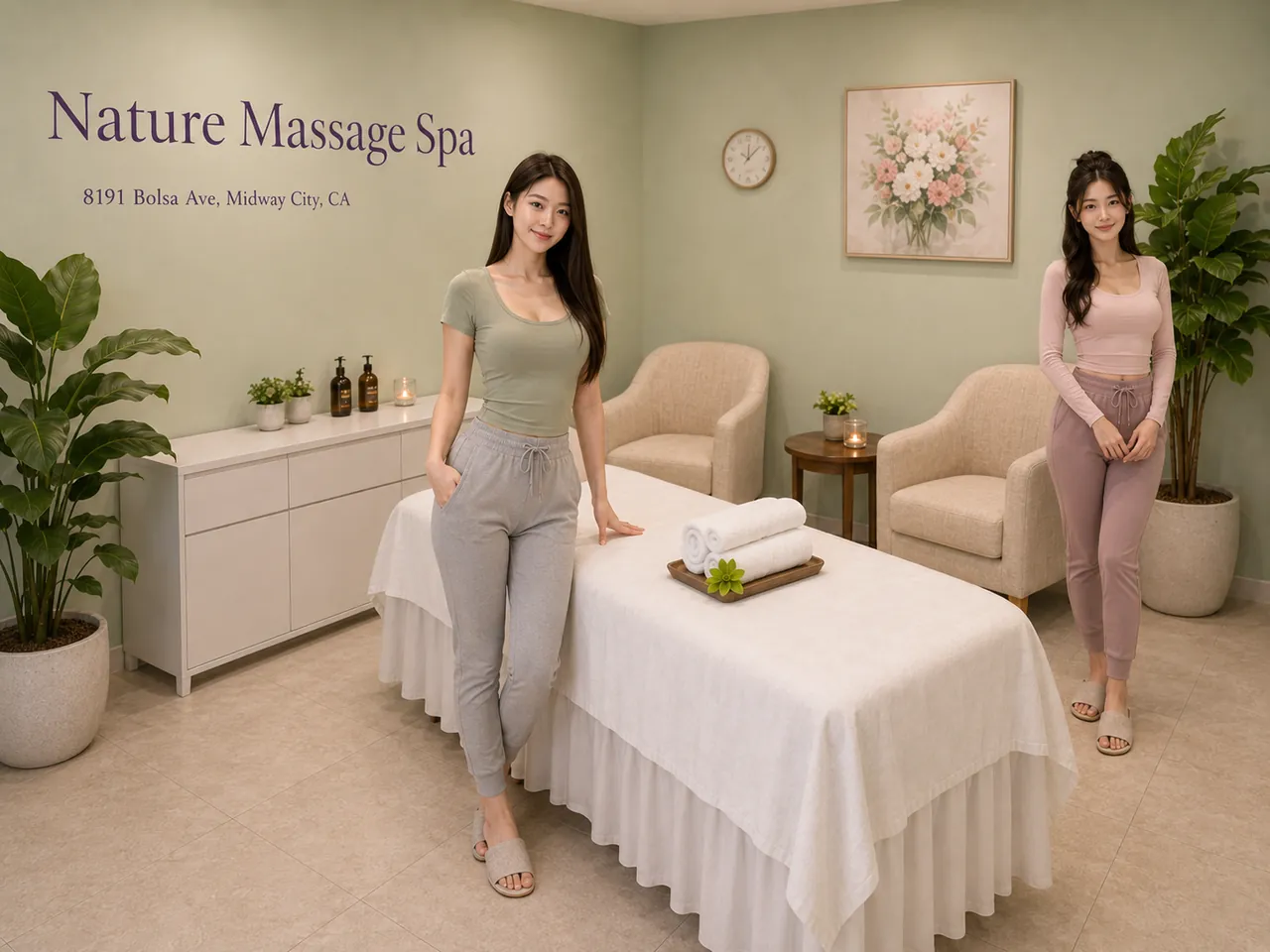 Friendly staff in a clean, private room for Shiatsu Massage at Nature Massage Spa in Midway City, CA