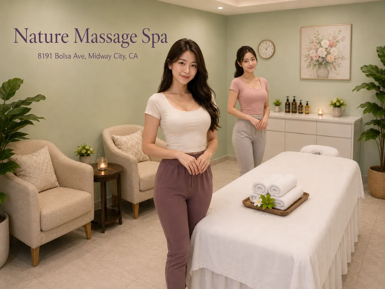 Friendly staff in a clean, private room at Nature Massage Spa near Costa Mesa, CA