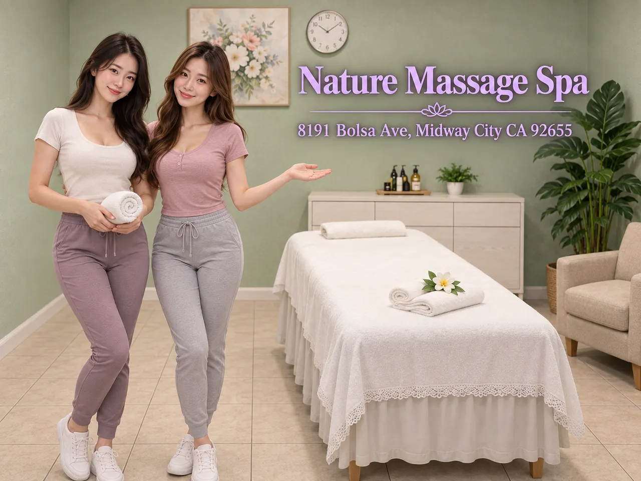 Two staff members in a bright private room at Nature Massage Spa in Midway City, CA