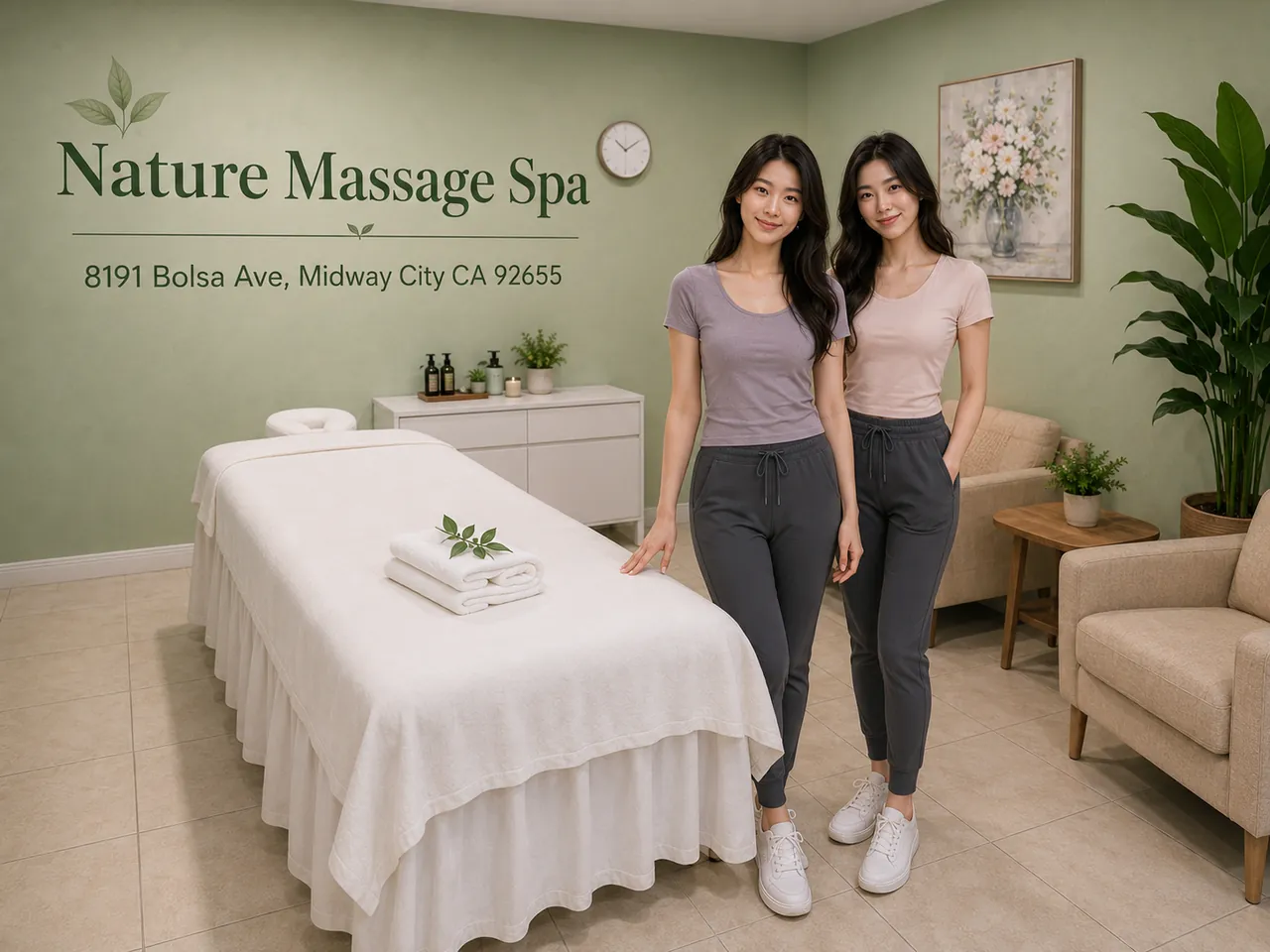 Friendly staff in a clean, private room for Deep Tissue Massage at Nature Massage Spa in Midway City, CA