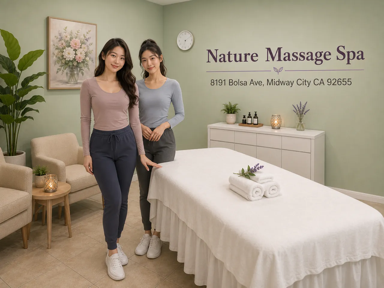 Two staff members in a bright private room at Nature Massage Spa in Midway City, CA