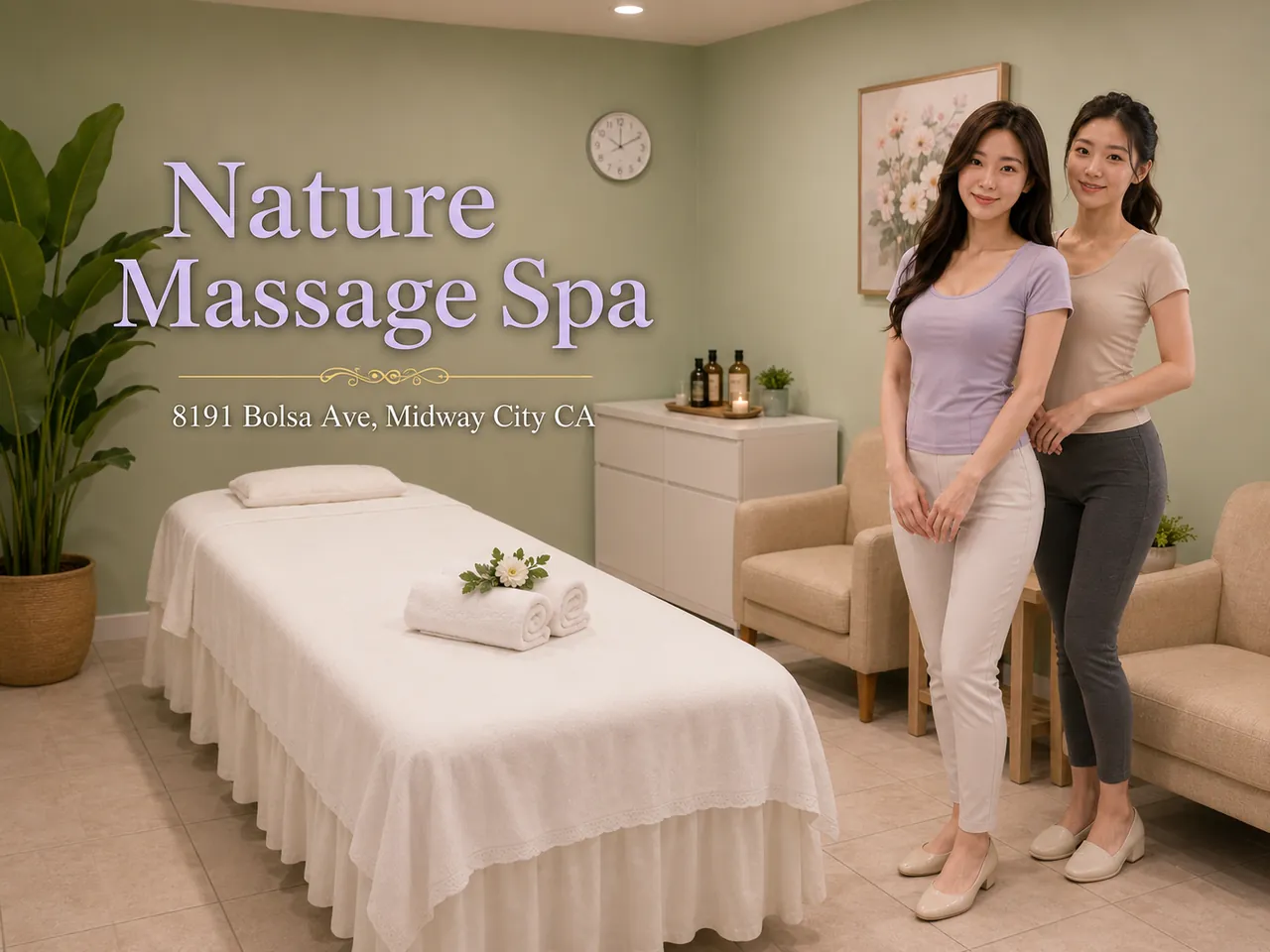 Two staff members in a clean room at Nature Massage Spa in Midway City, CA
