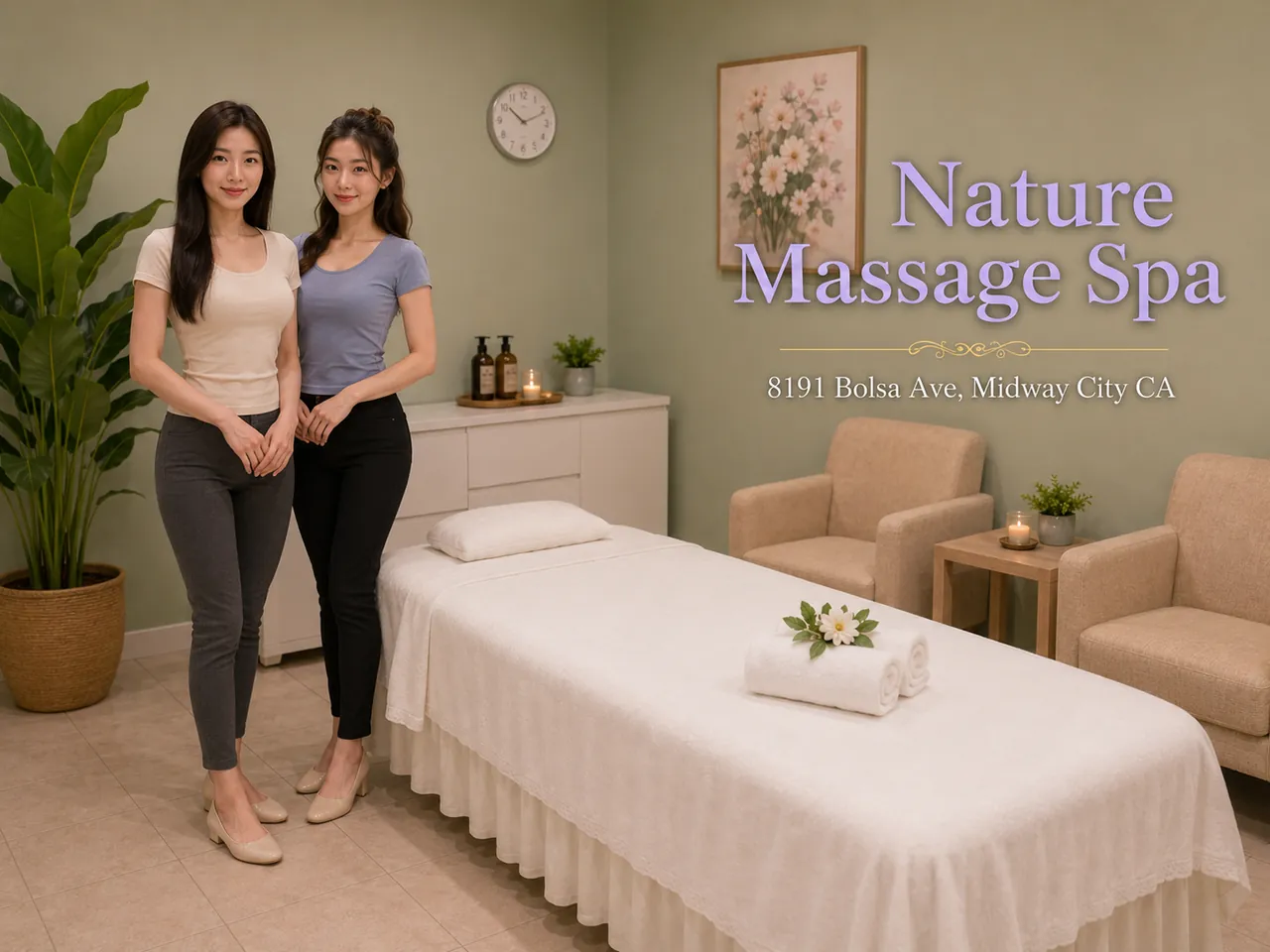 Two friendly staff members at Nature Massage Spa in Midway City, CA