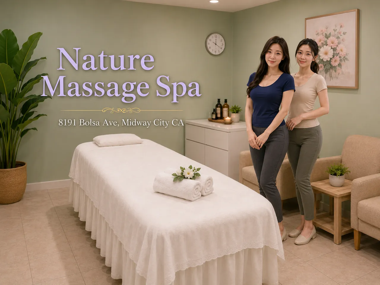 Two staff members beside a fresh table at Nature Massage Spa in Midway City, CA