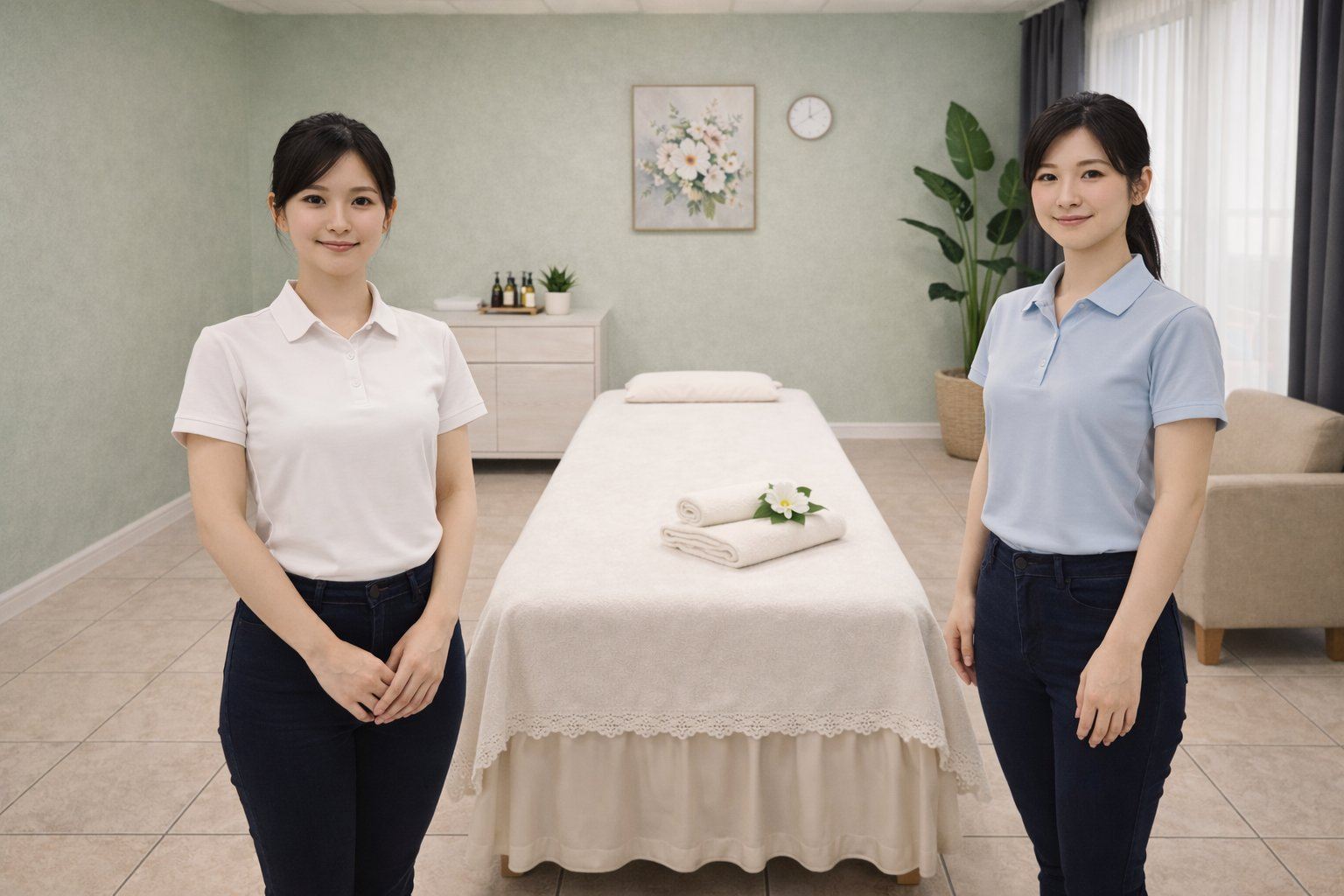 Two licensed therapists welcoming guests at Nature Massage Spa Midway City