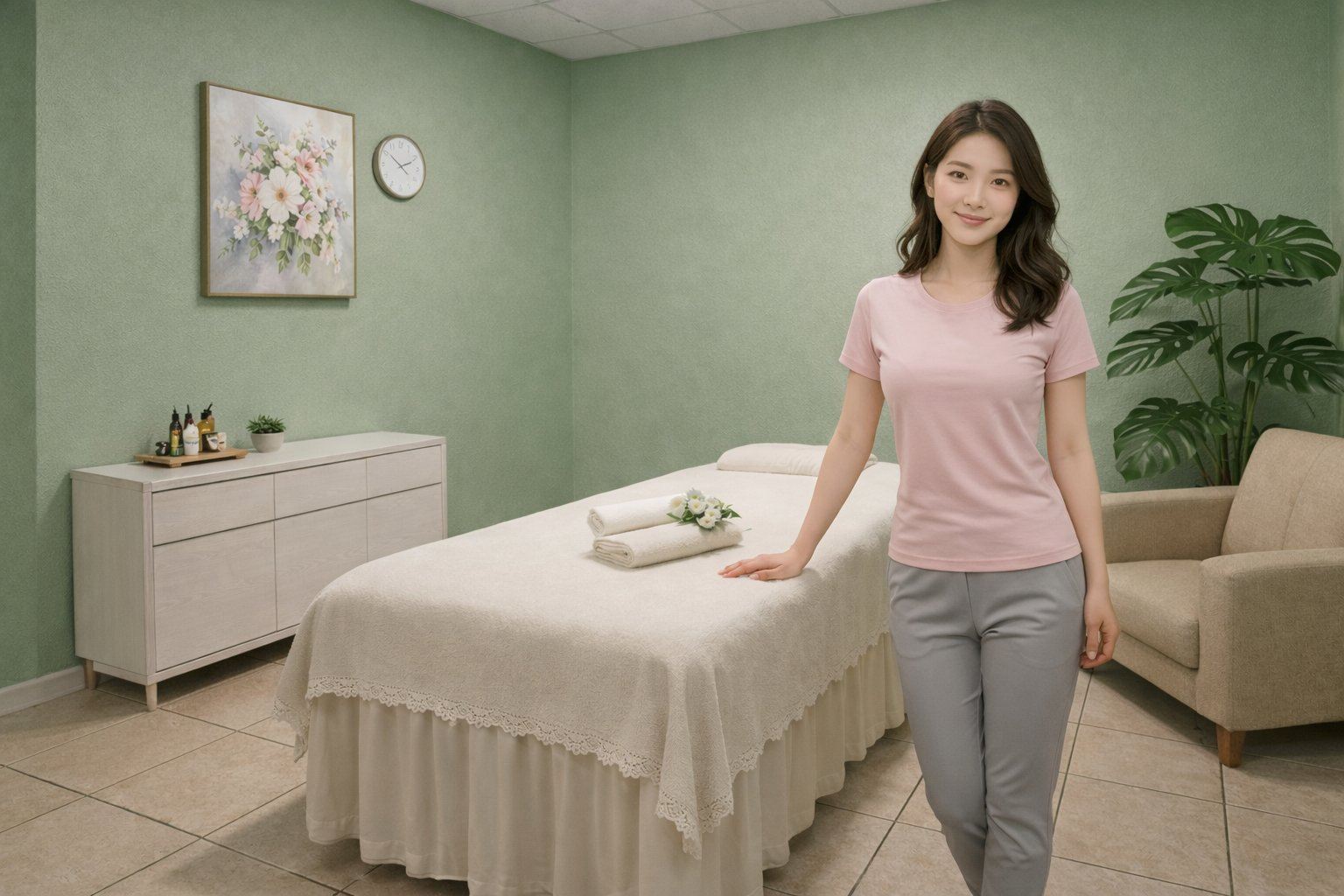 Friendly licensed therapist in pink top standing in a sage-green treatment room at Nature Massage Spa Midway City