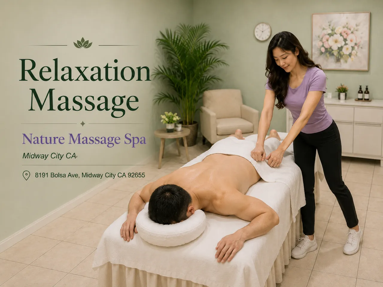 Therapist giving a relaxation massage at Nature Massage Spa in Midway City, CA