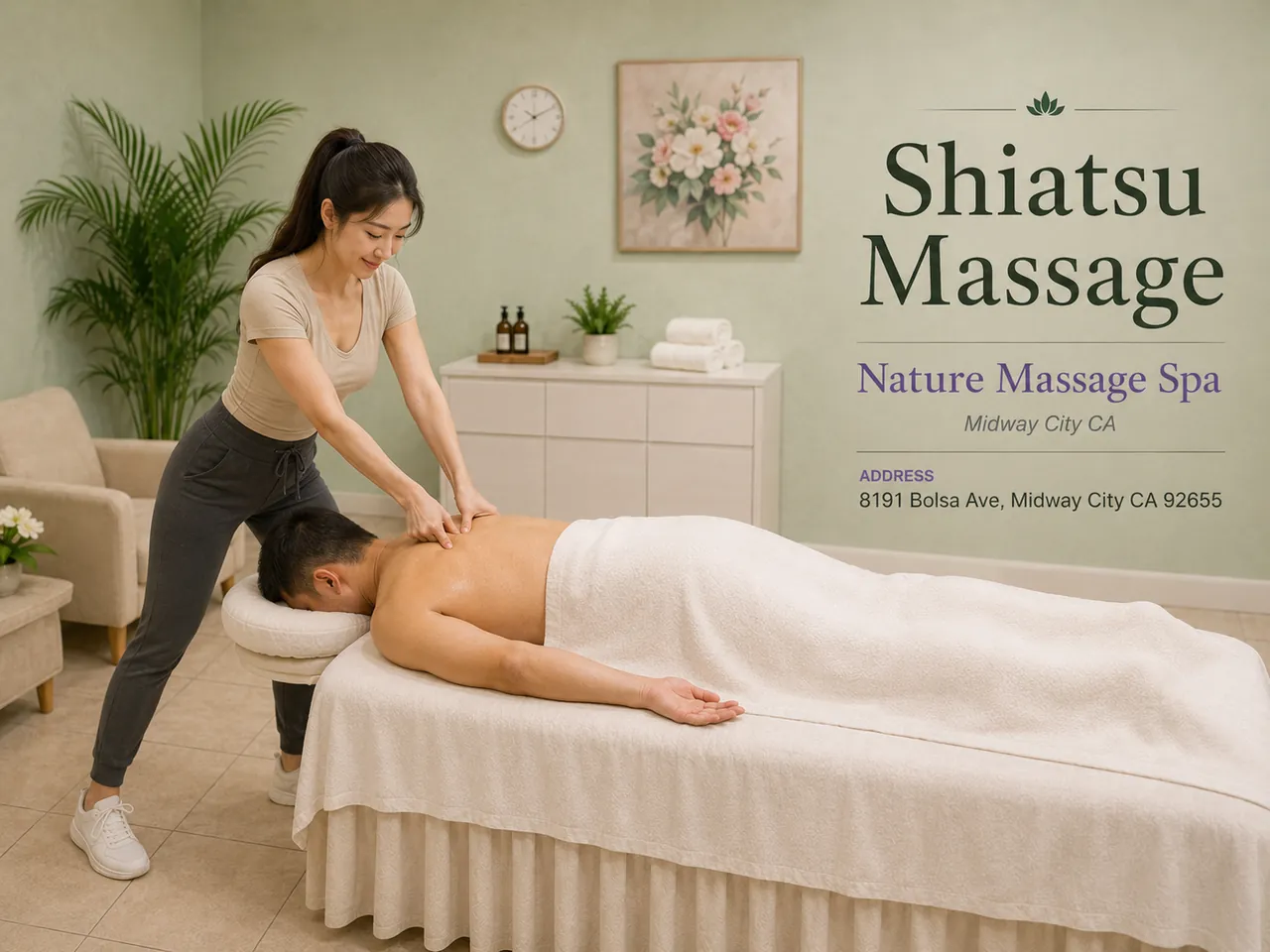 Therapist giving a Shiatsu massage at Nature Massage Spa in Midway City, CA