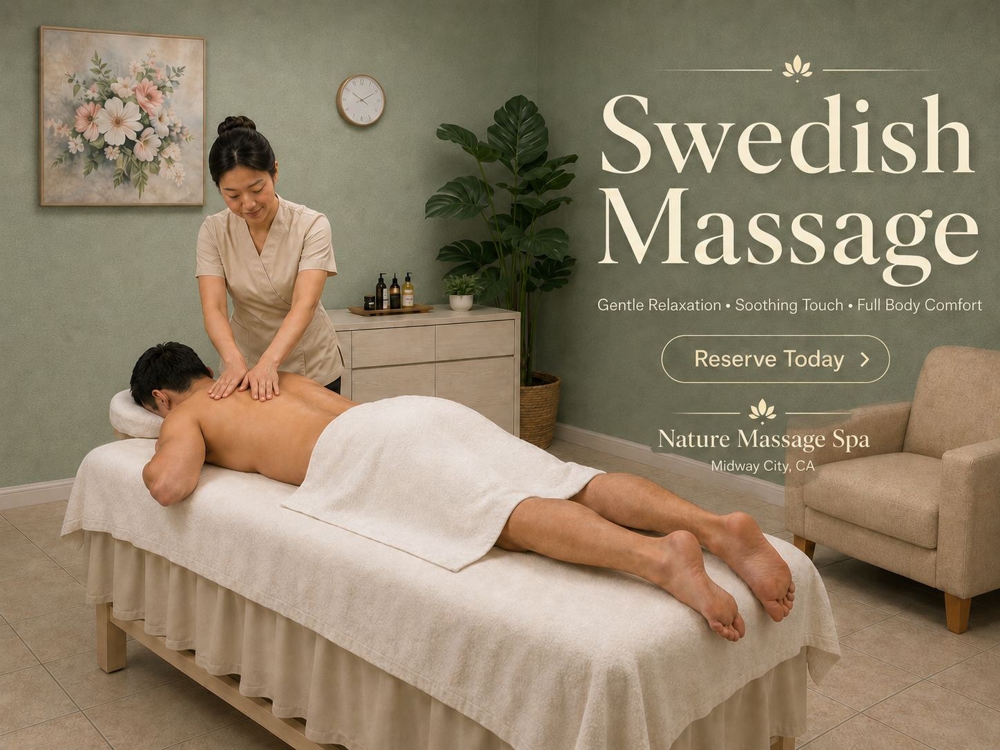 Swedish massage at Nature Massage Spa Midway City — gentle relaxation, soothing touch