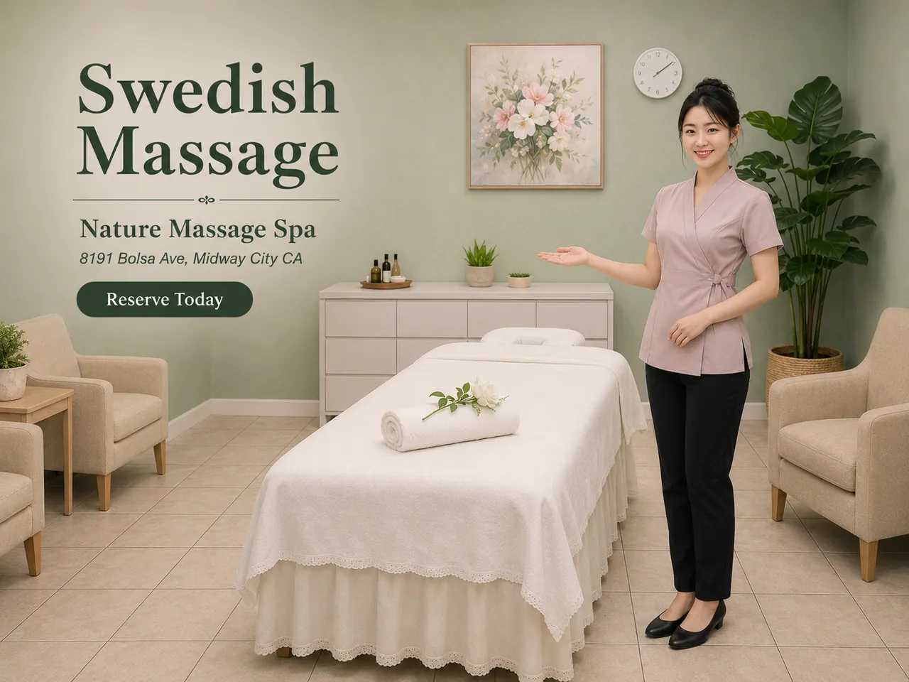 Staff member beside a table made up for a Swedish massage at Nature Massage Spa in Midway City, CA
